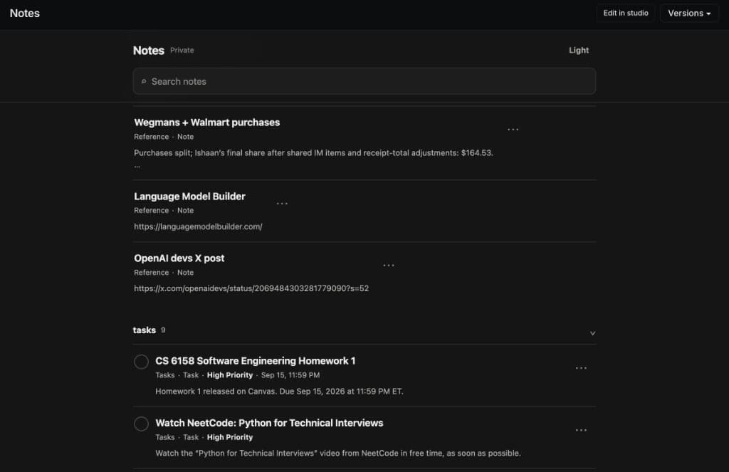 Notes program: private notes, search, and a task list with due dates