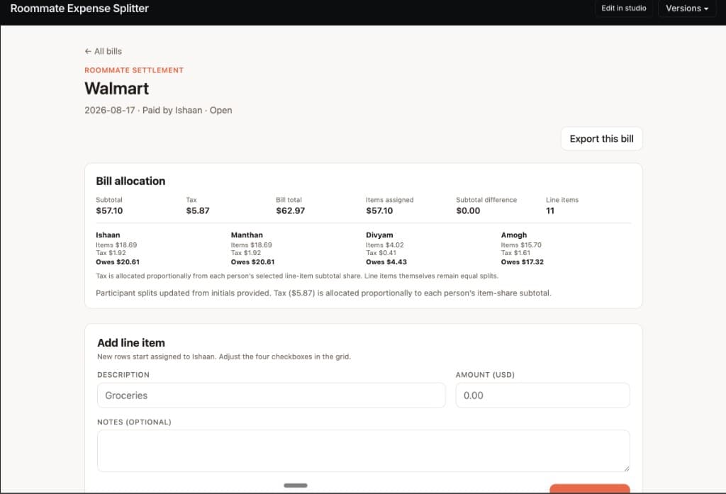 Roommate Expense Splitter: Walmart bill split across roommates with tax allocation