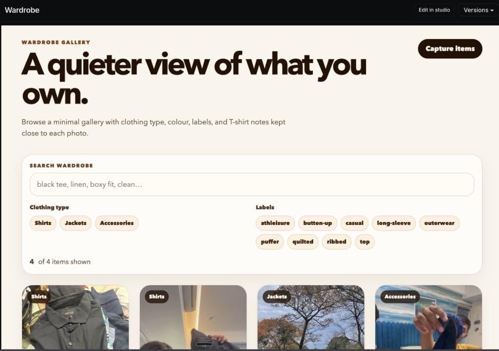 Wardrobe gallery: search and filter shirts, jackets, and accessories by label